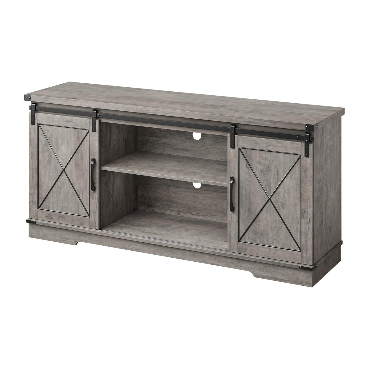 59" Farmhouse TV Stand with Sliding Barn Doors & Adjustable Shelves, Gray J330