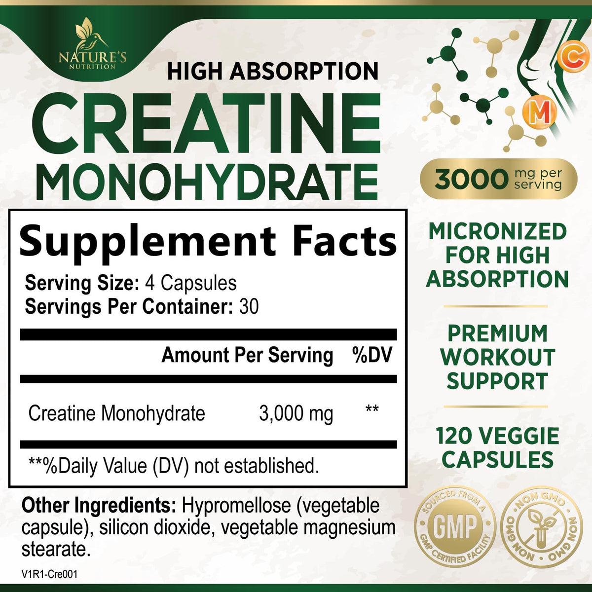 Micronized Creatine Monohydrate 3000mg 120 Capsules R30182