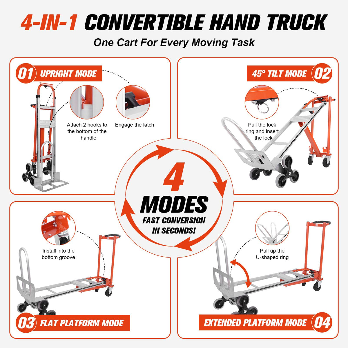4-in-1 Convertible Stair Climbing Hand Truck, 1000LBS Heavy Duty Folding Aluminum Dolly Cart with Wheels & Handle U4321