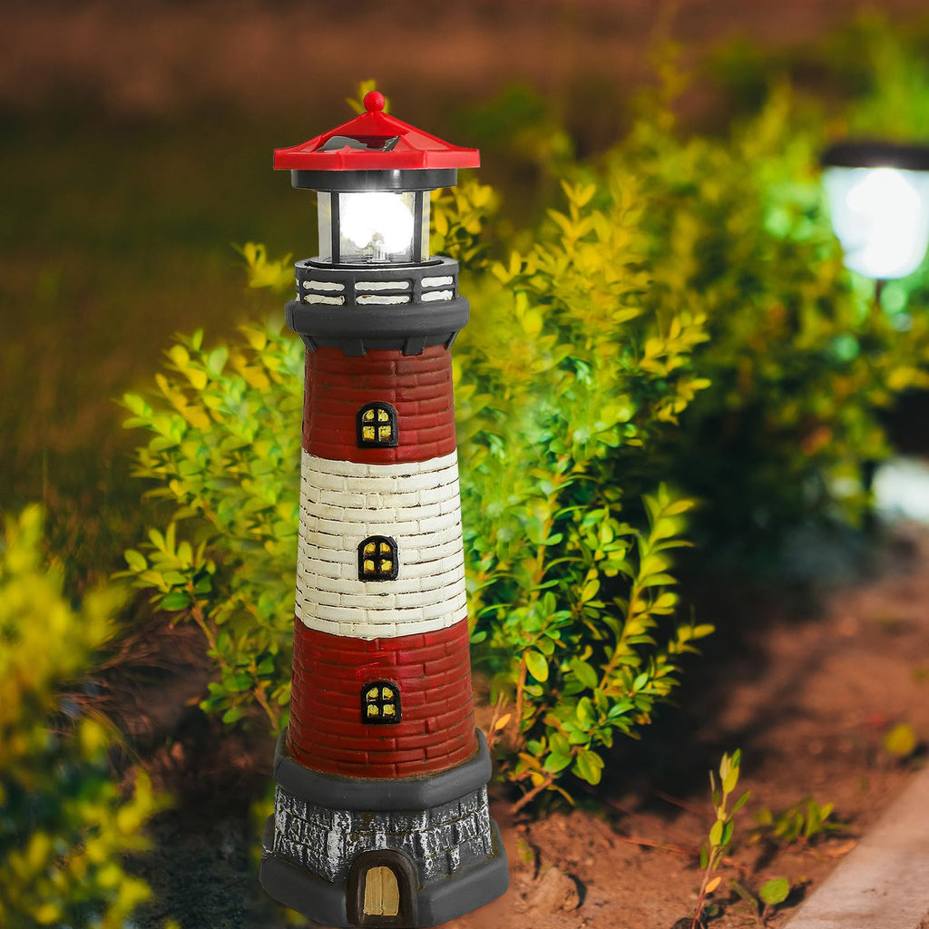 Solar Garden Lighthouse Statue, Waterproof Resin Outdoor Decor Light, 14.76 Inch Red Finish R837776