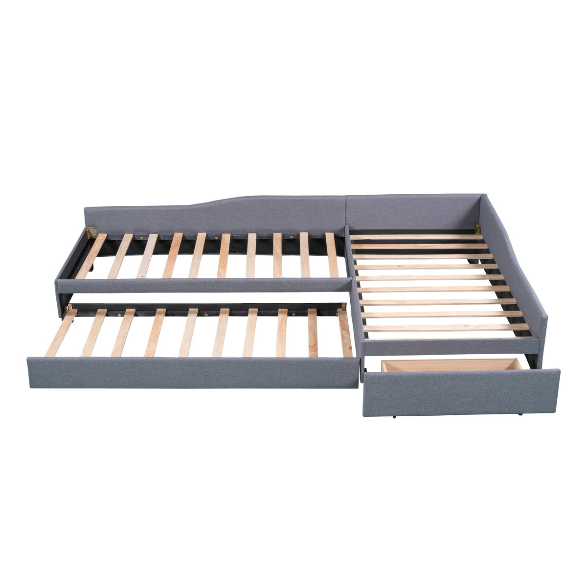 Gray Linen Upholstered Double Twin Size Daybed with Trundle and Drawer N5114
