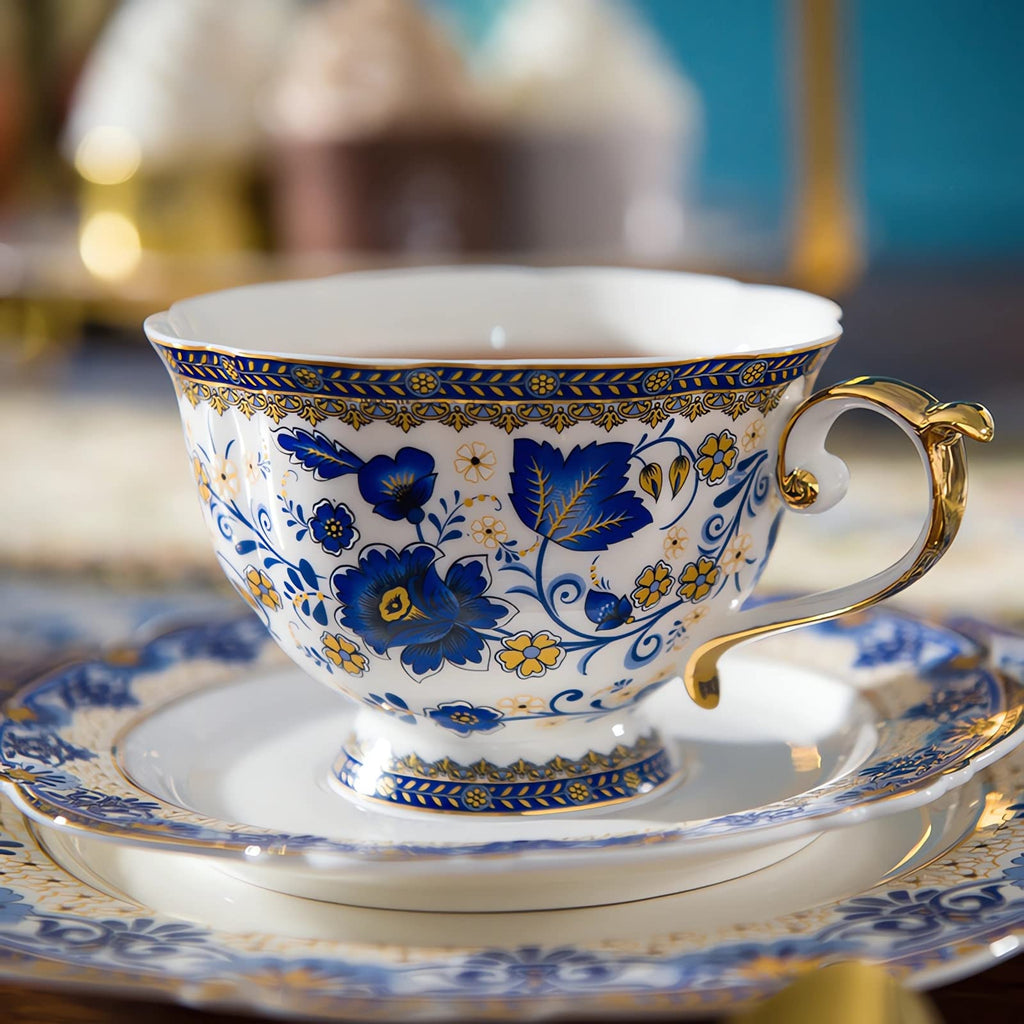 Tea Coffee Cup and Saucer Set, Bone China Dinnerware Set for 4, Blue and White X887