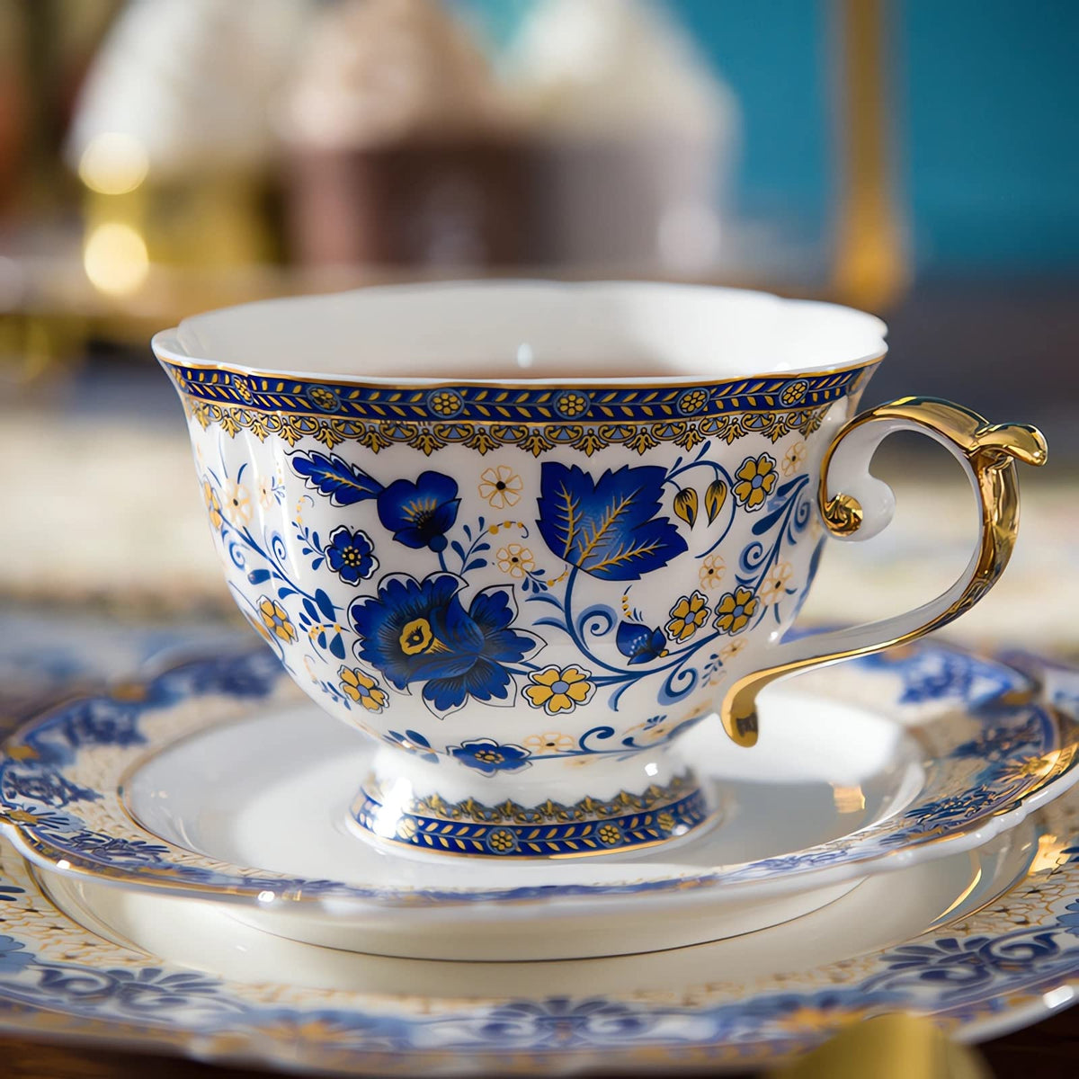 Tea Coffee Cup and Saucer Set, Bone China Dinnerware Set for 4, Blue and White X887