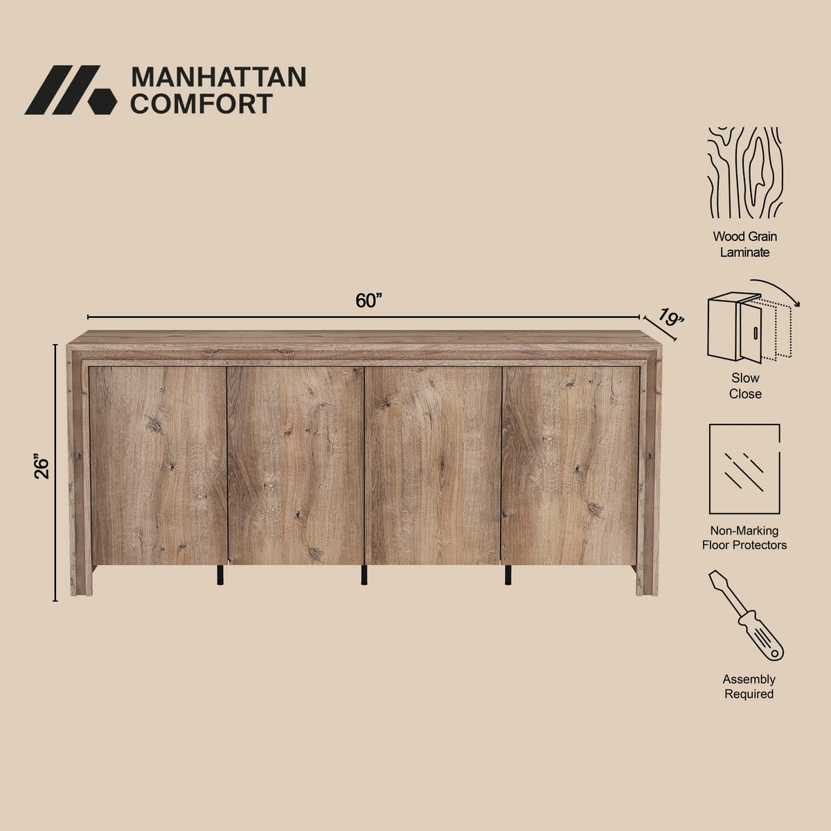 Brown 4-Door Wood Grain Sideboard C5061