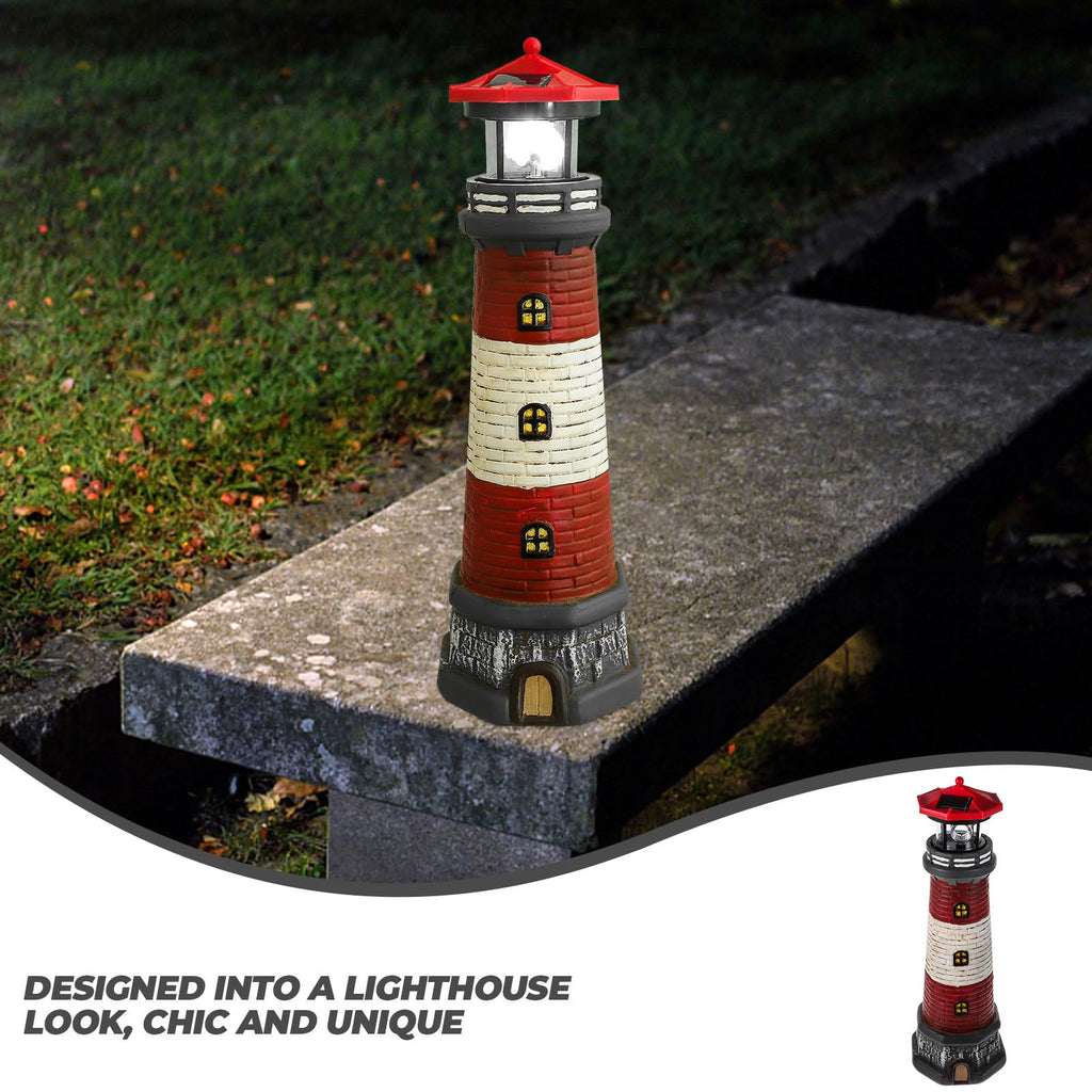 Solar Garden Lighthouse Statue, Waterproof Resin Outdoor Decor Light, 14.76 Inch Red Finish R837776