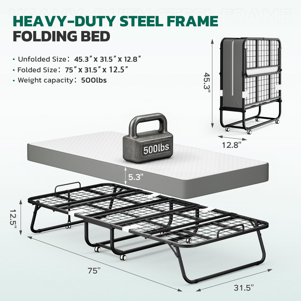 Folding Bed with Mattress Metal Frame Cot Size C8268