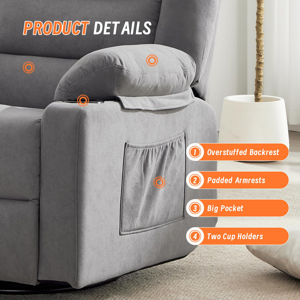 Grey Manual Swivel Rocking Recliner Chair with Massage and Heating K408