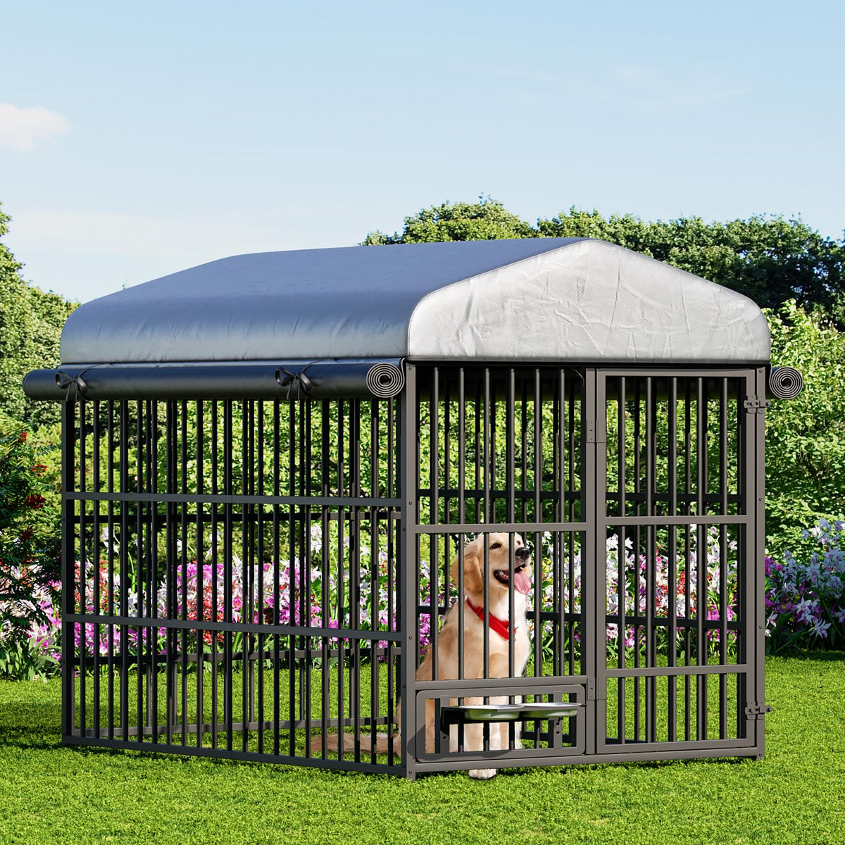 Black Dog Kennel with Cover and Feeding Bowls P9409