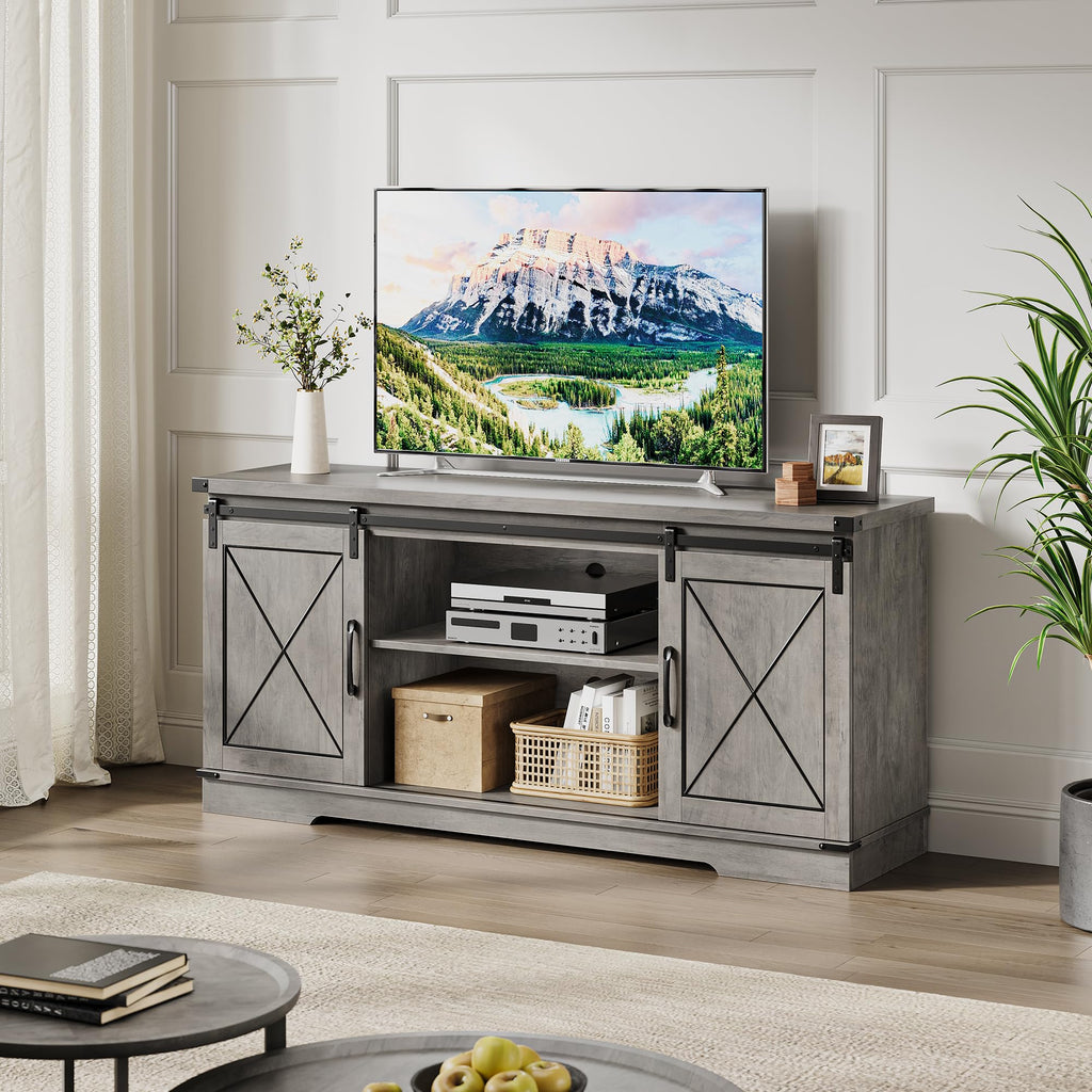 59" Farmhouse TV Stand with Sliding Barn Doors & Adjustable Shelves, Gray J330