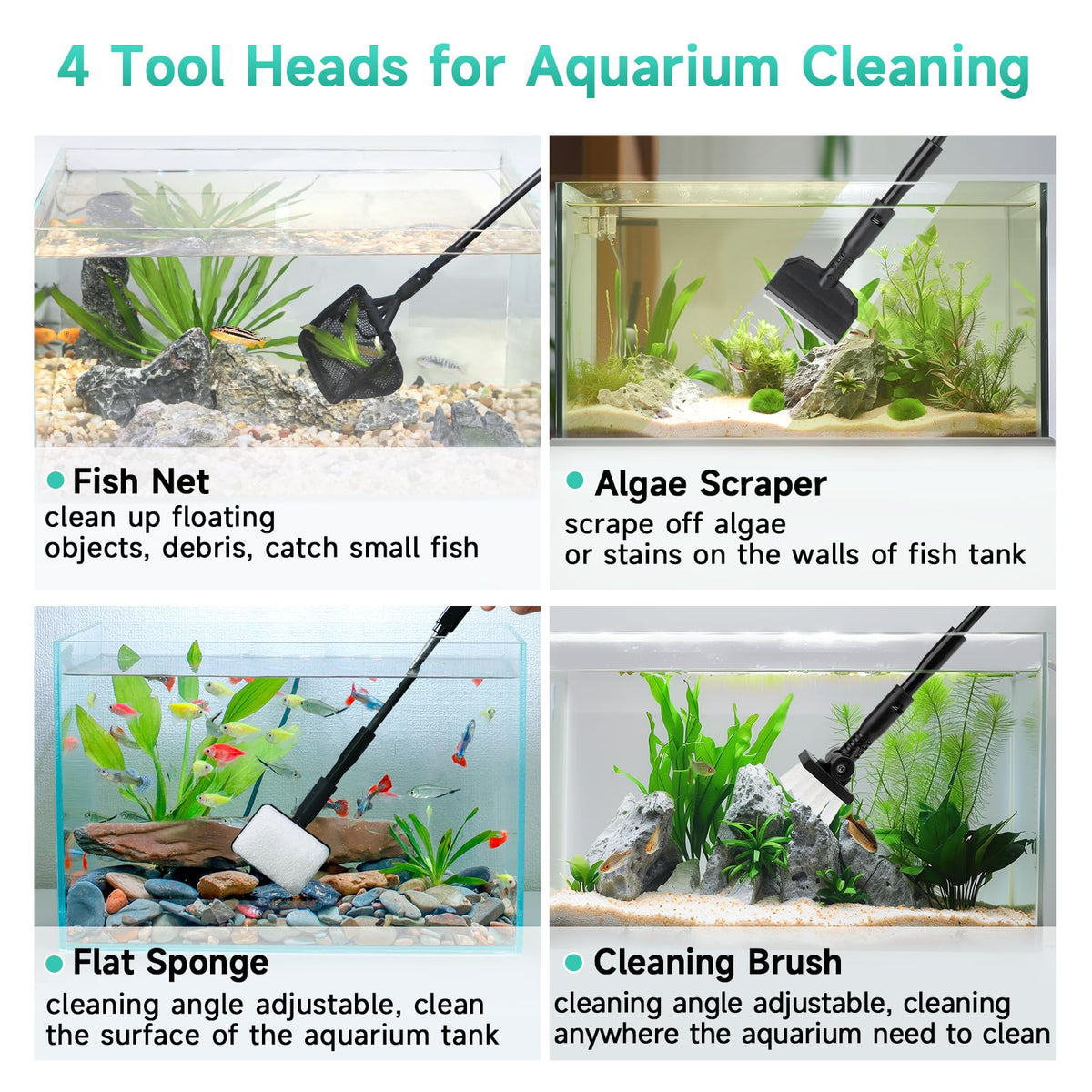 Small 4 in 1 Aquarium Cleaning Tools Kit with Fish Net Algae Scraper Clean Brush Flat Sponge F560346