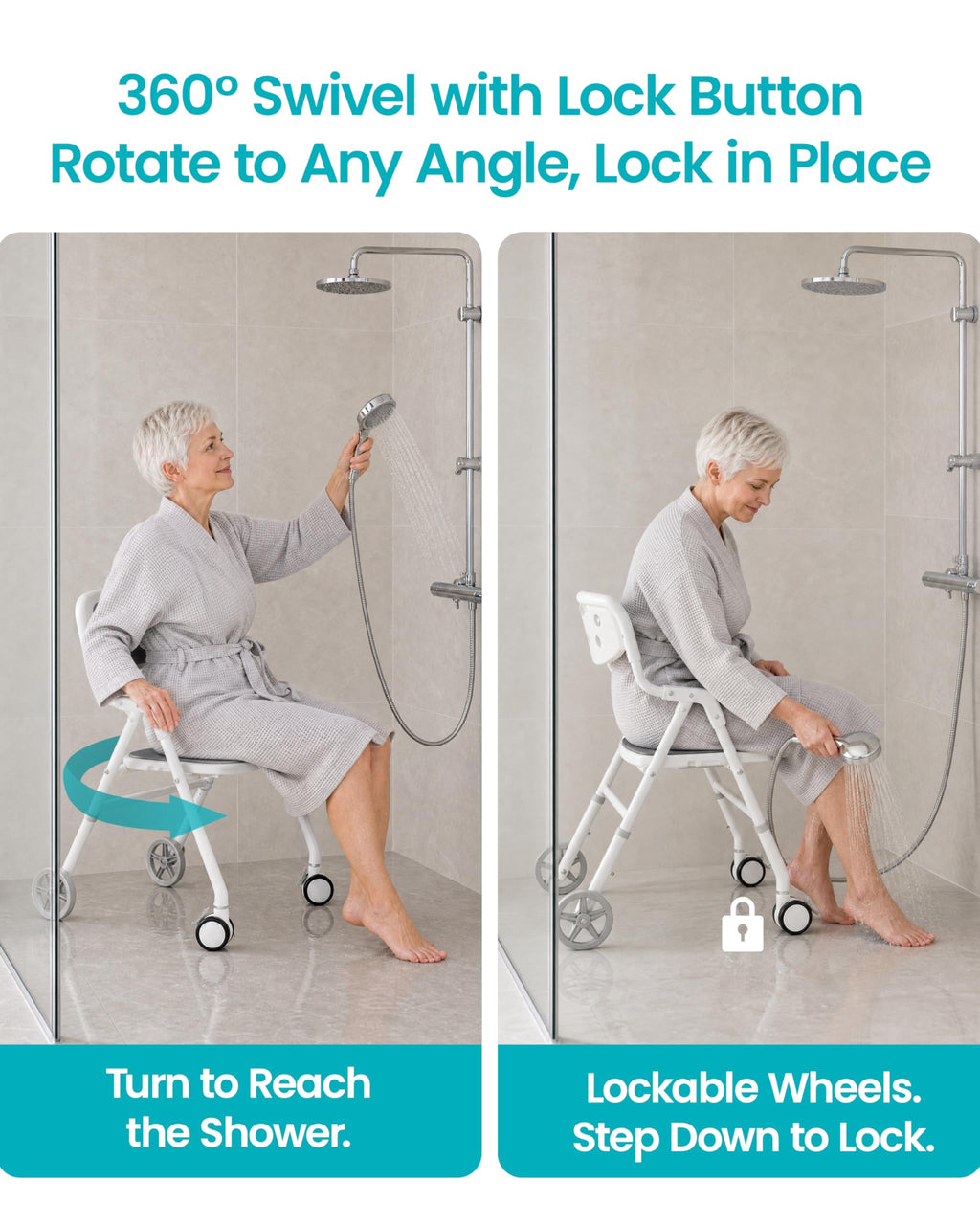 Foldable Rolling Shower Chair with Arms and Back P1037