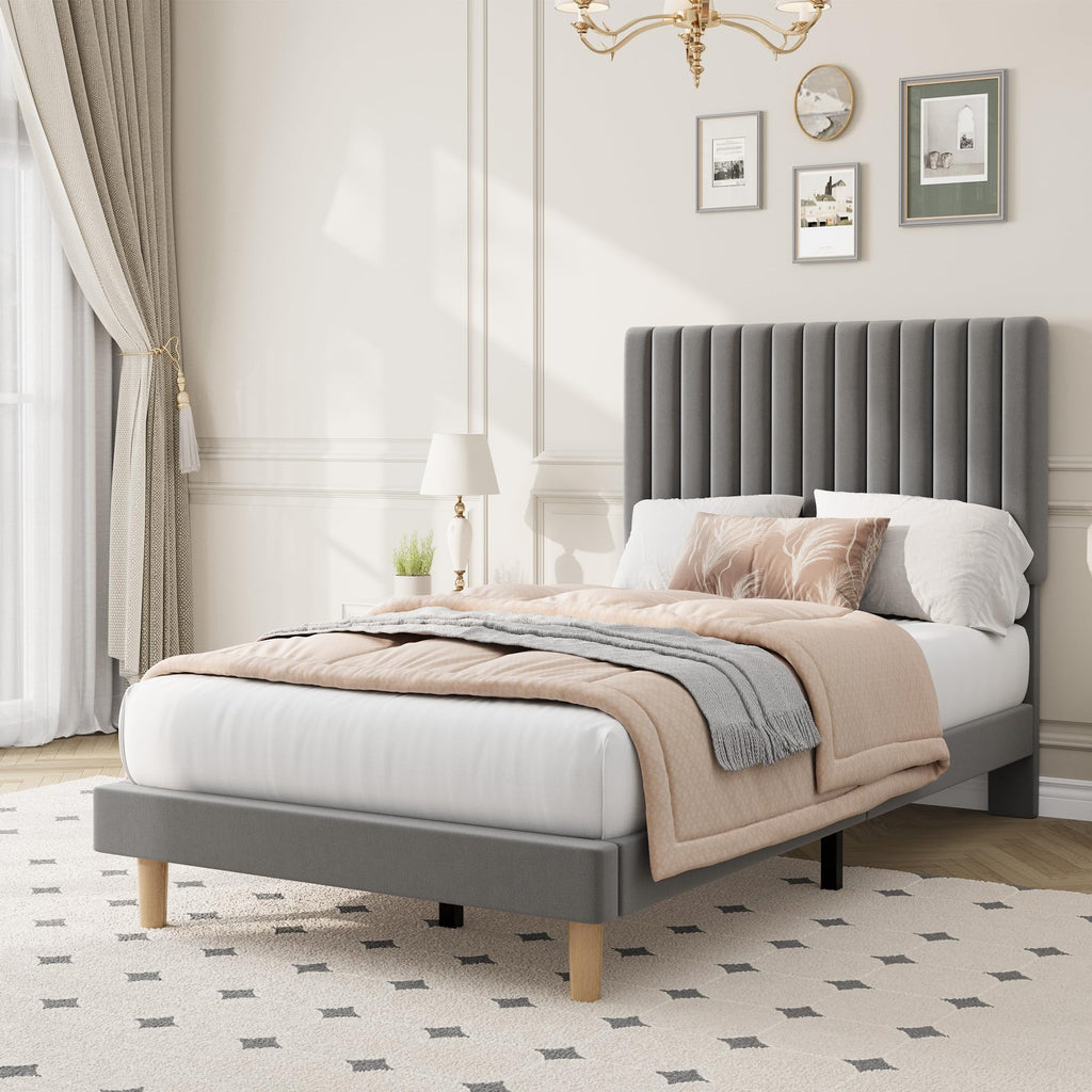 Velvet Upholstered Platform Bed with Adjustable Headboard E305078