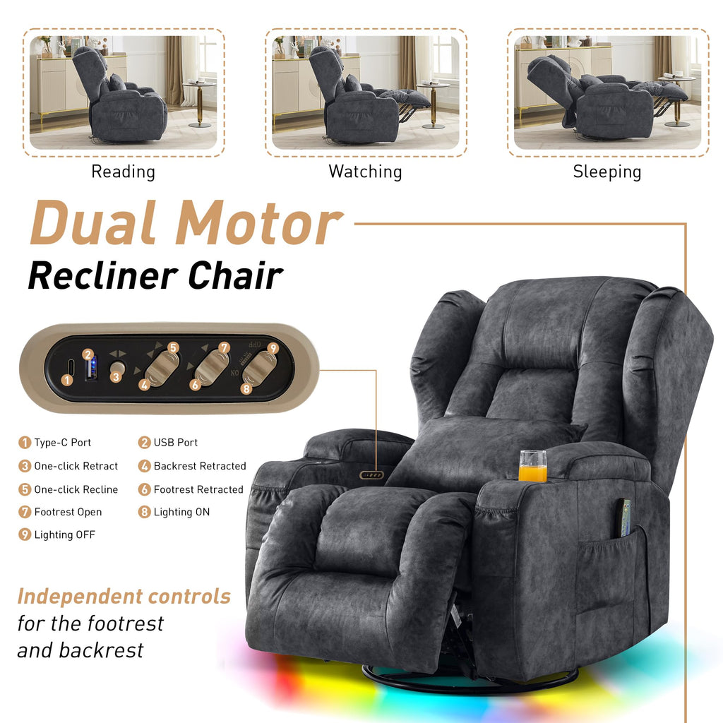 Dual Motor Power Swivel Rocker Recliner Chairs with Massage & Heat T629