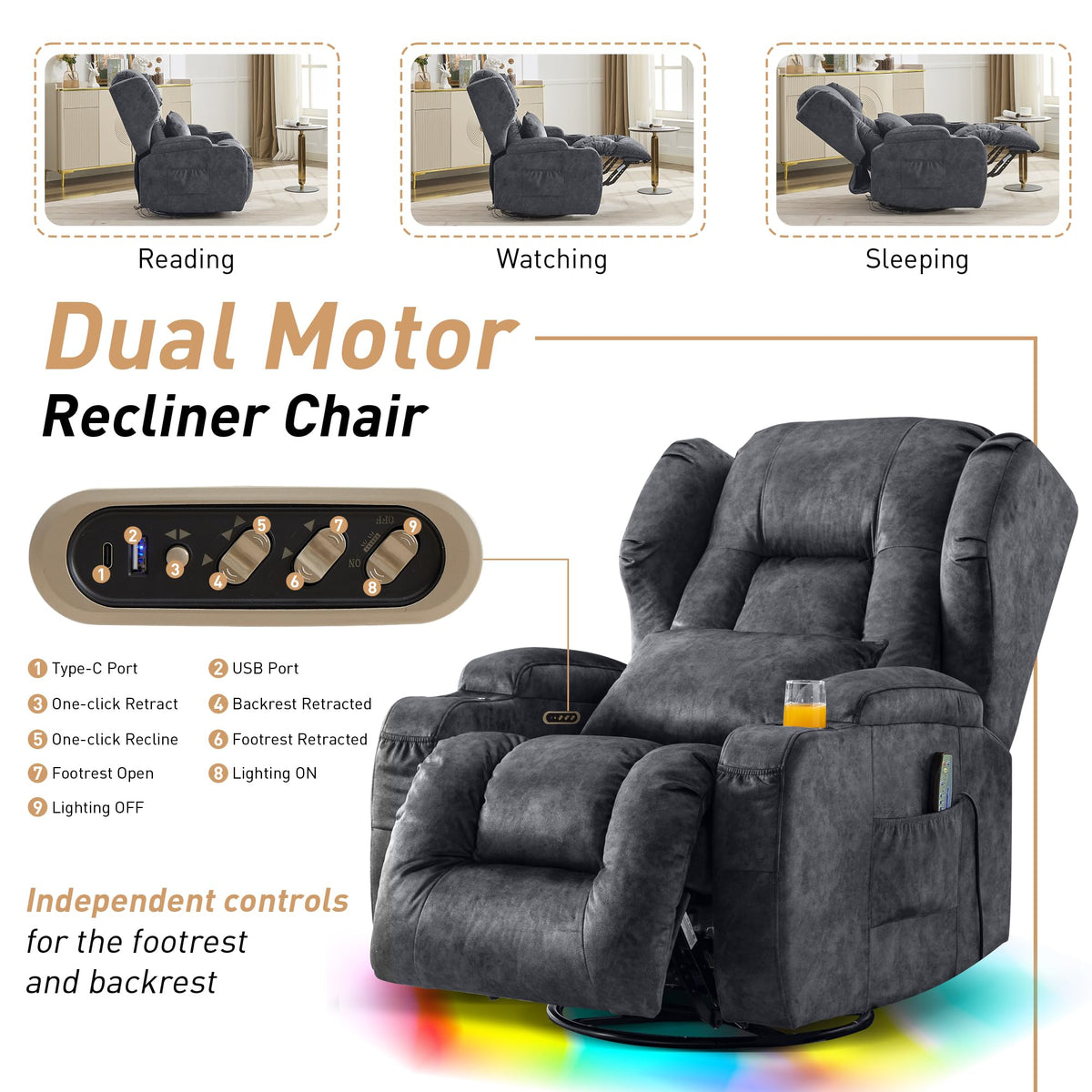 Dual Motor Power Swivel Rocker Recliner Chairs with Massage & Heat T629