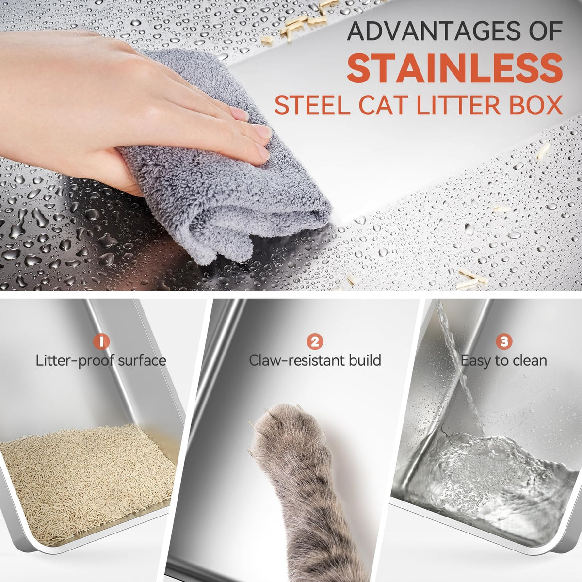 Enclosed Stainless Steel Cat Litter Box with Drawer and Flip Door, Extra Large Light Grey X611