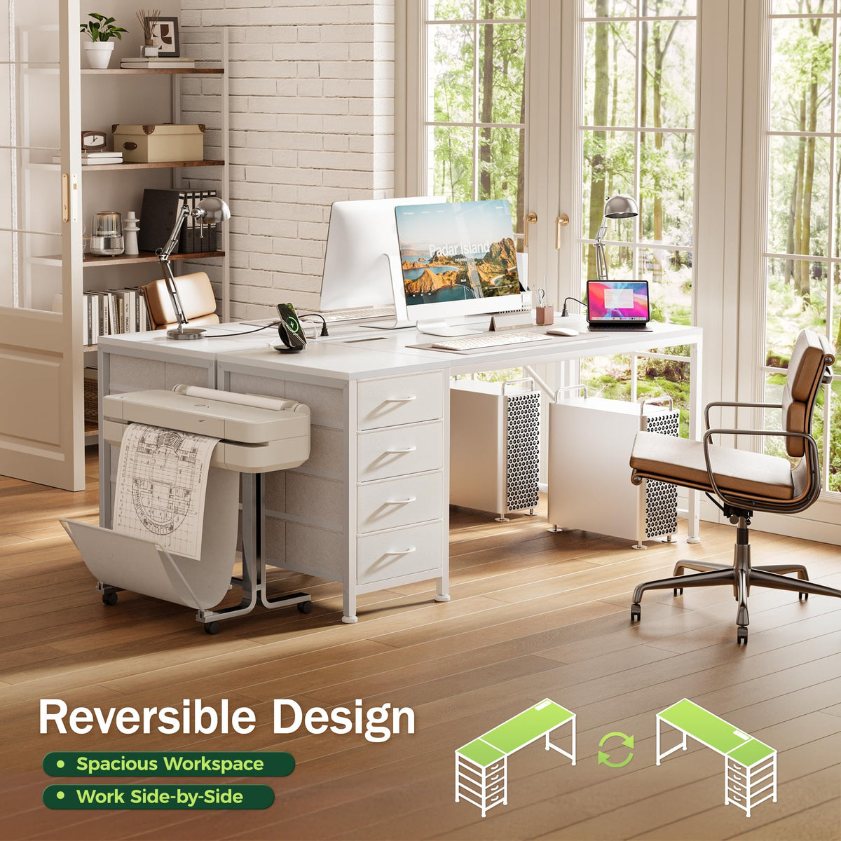 55.1 Inch White Desk with Power Outlets and USB-C Port L9727