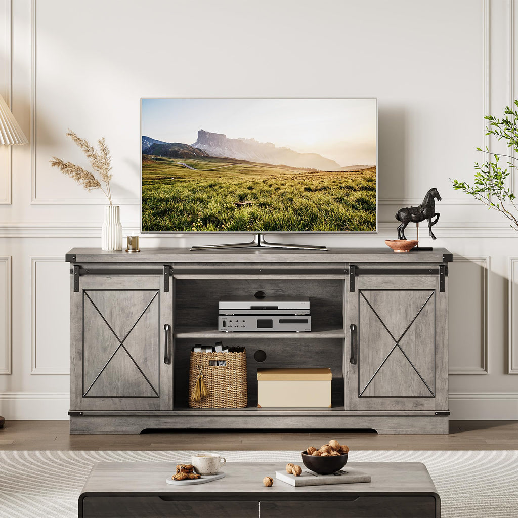 59" Farmhouse TV Stand with Sliding Barn Doors & Adjustable Shelves, Gray J330