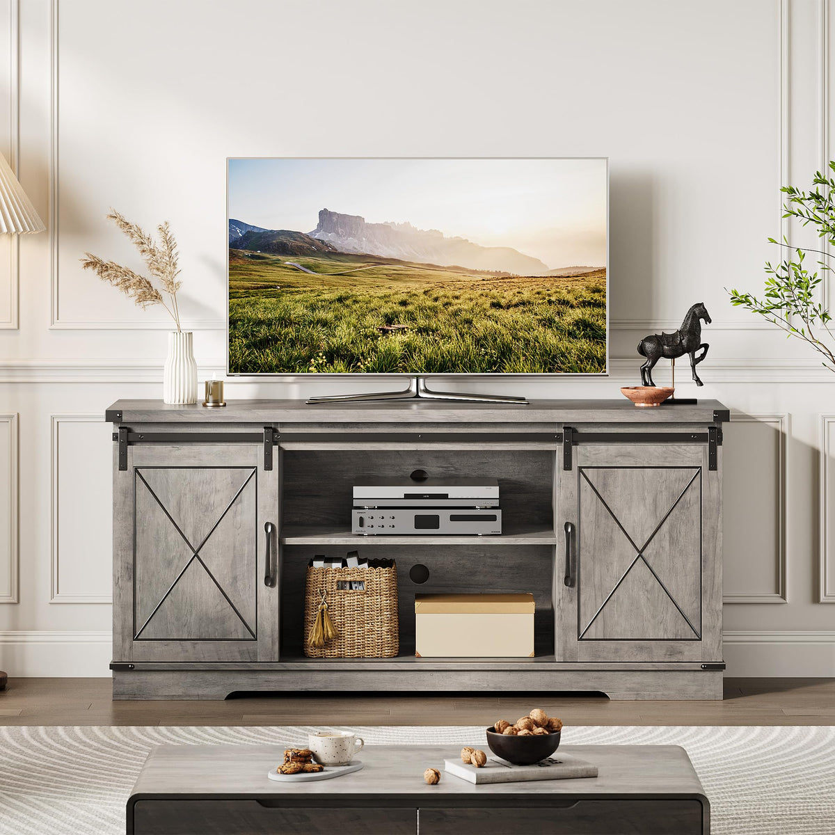 59" Farmhouse TV Stand with Sliding Barn Doors & Adjustable Shelves, Gray J330