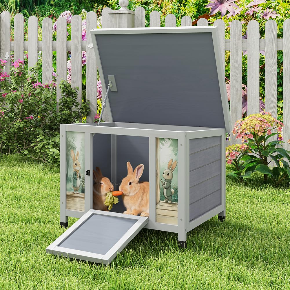 24 Inch Weatherproof Wooden Rabbit Hutch with Non-Slip Ramp F86323