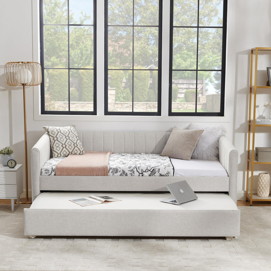 Twin Size Upholstery Daybed with Trundle and Vertical Stripes X665565