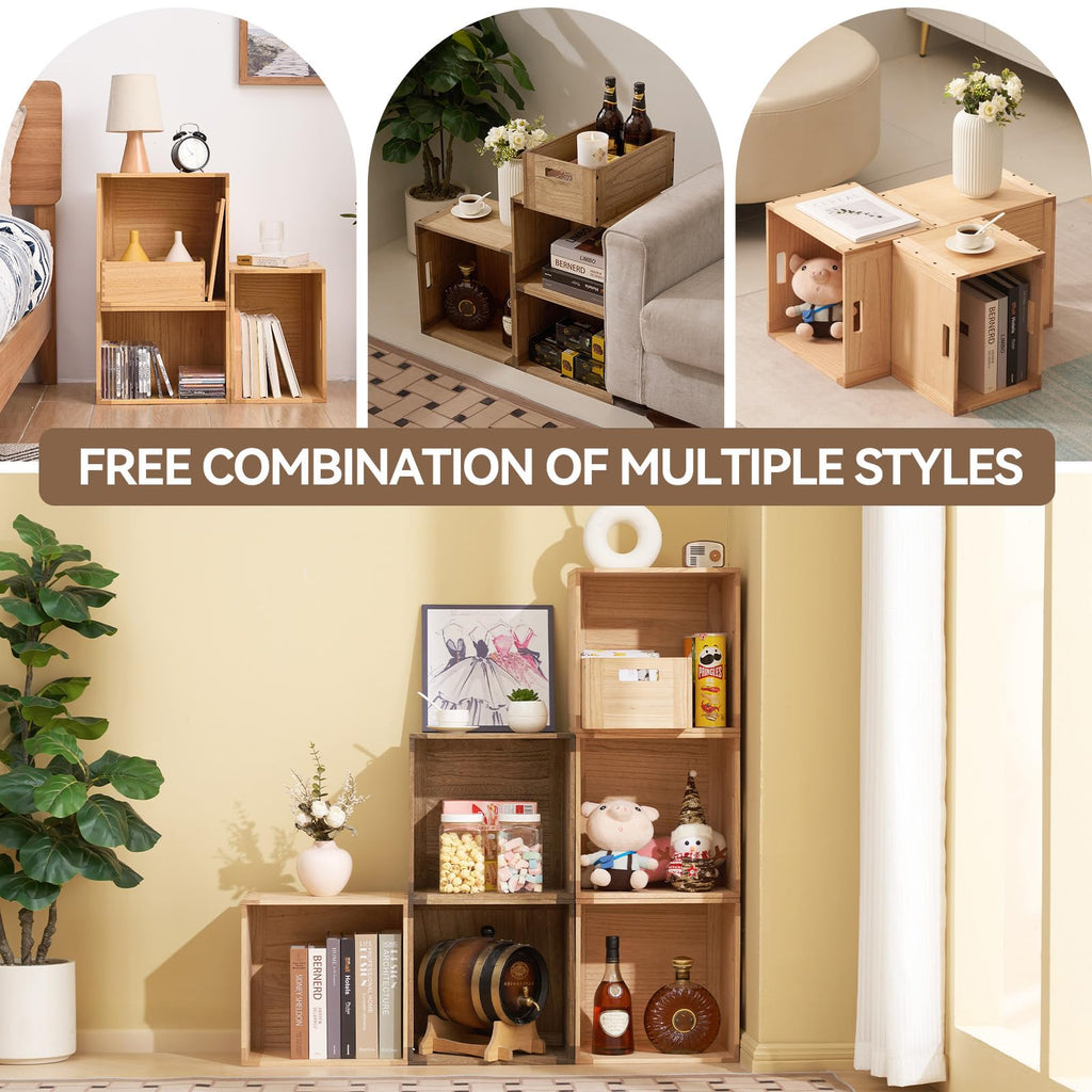 Brown Stackable Wood Storage Cube with Handles Y446