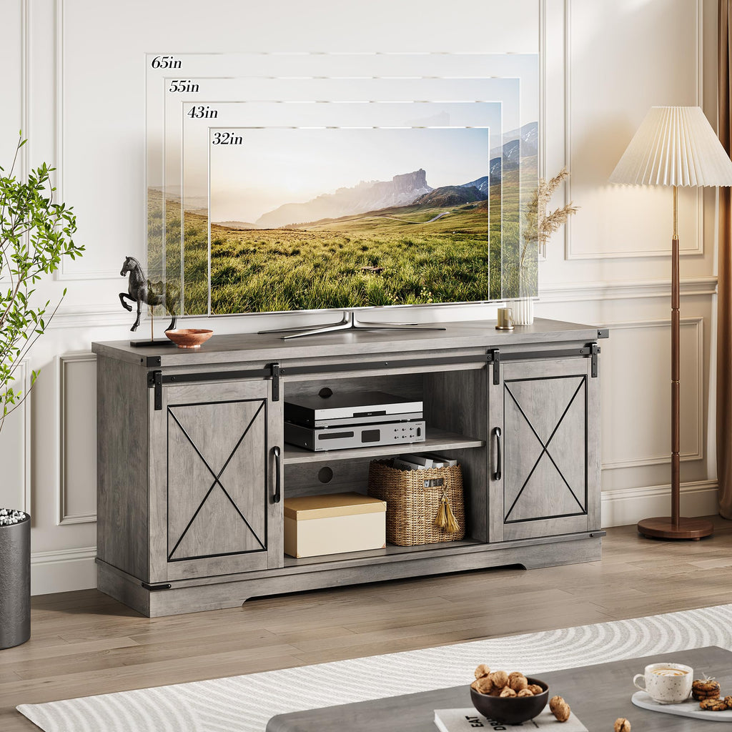 59" Farmhouse TV Stand with Sliding Barn Doors & Adjustable Shelves, Gray J330