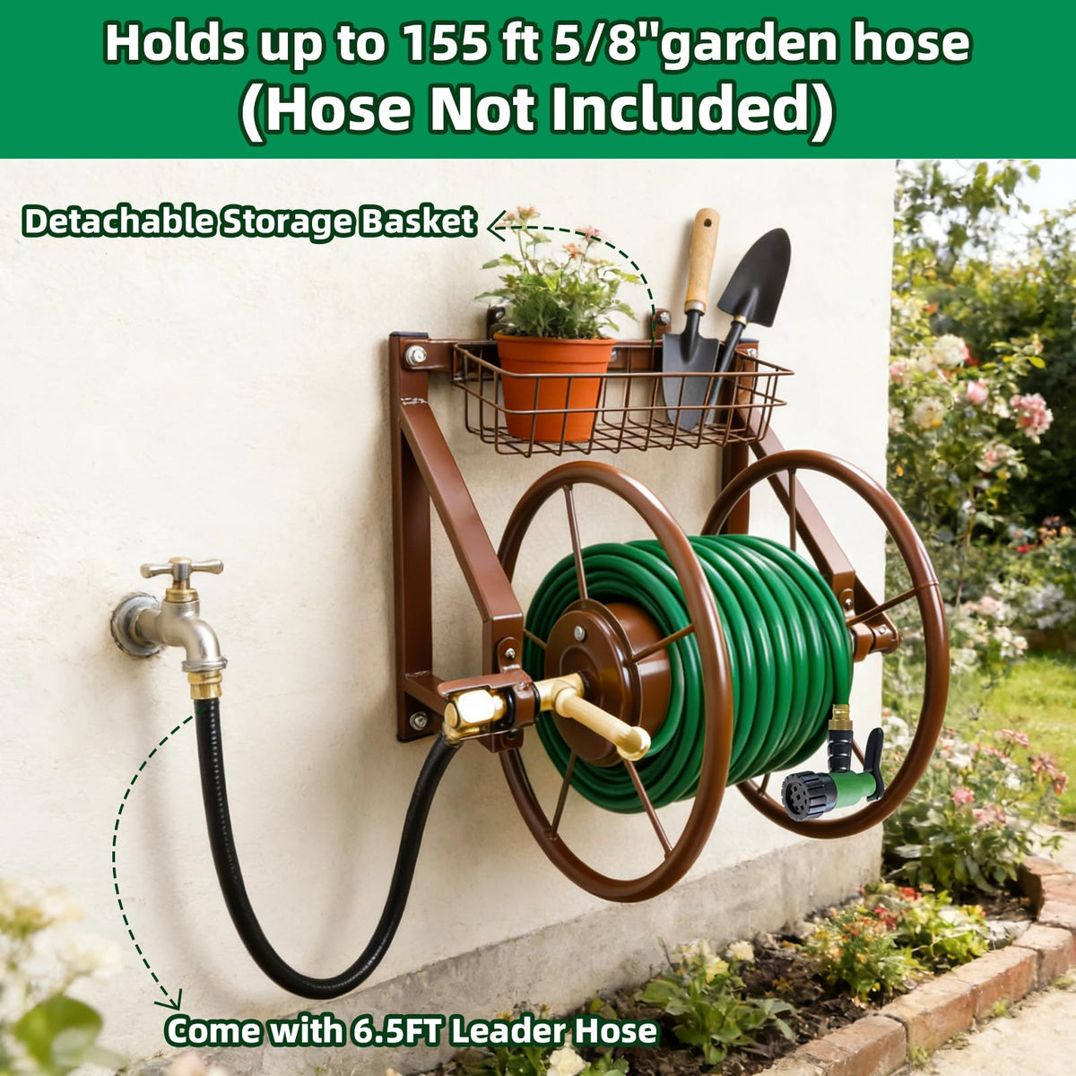Wall Mount Metal Garden Hose Reel Holds 155ft 5/8" Hose I433