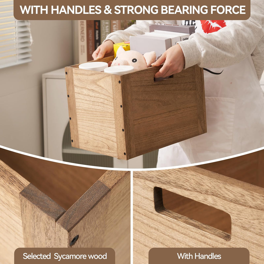 Brown Stackable Wood Storage Cube with Handles Y446