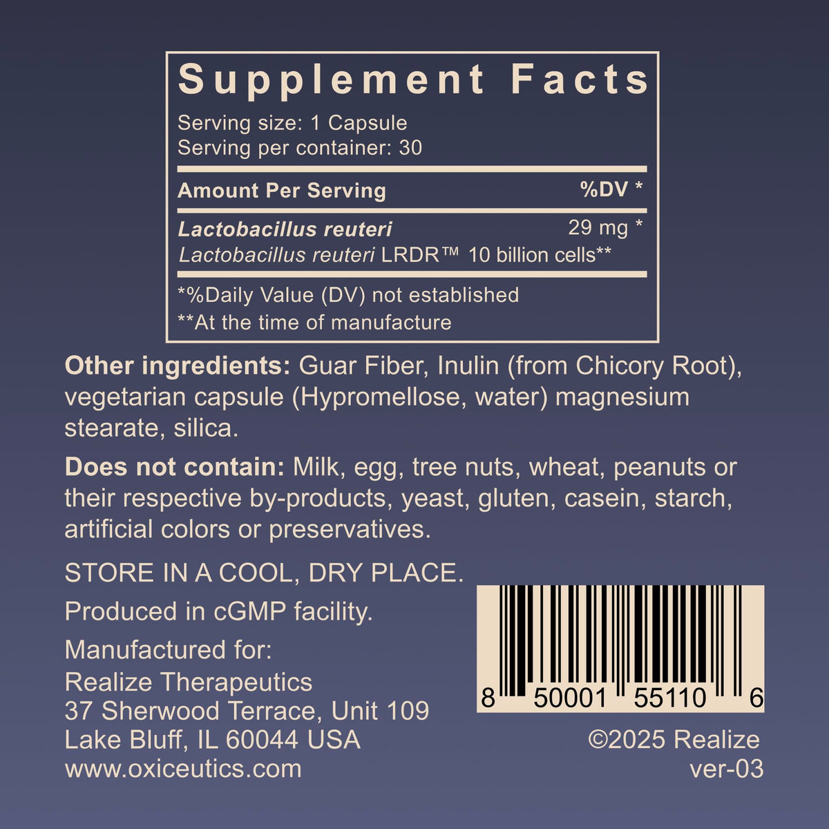 10 Billion CFU L. reuteri Probiotic with FOS Prebiotic 30 Veg Capsules L770