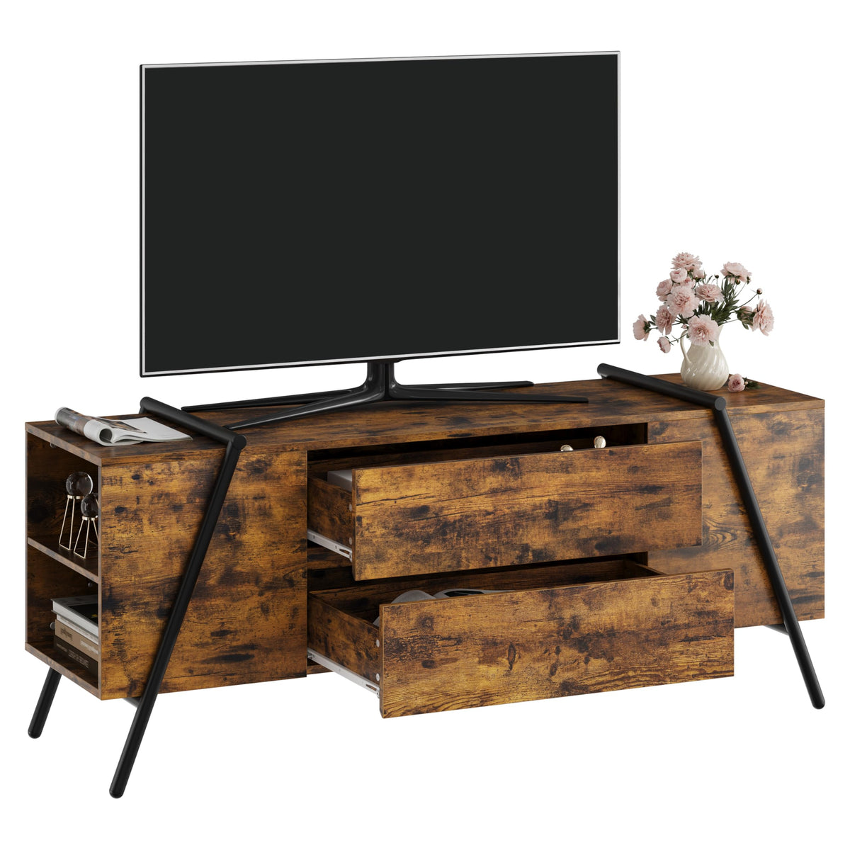 Oak TV Stand with Adjustable Shelf and 2 Drawers Y732