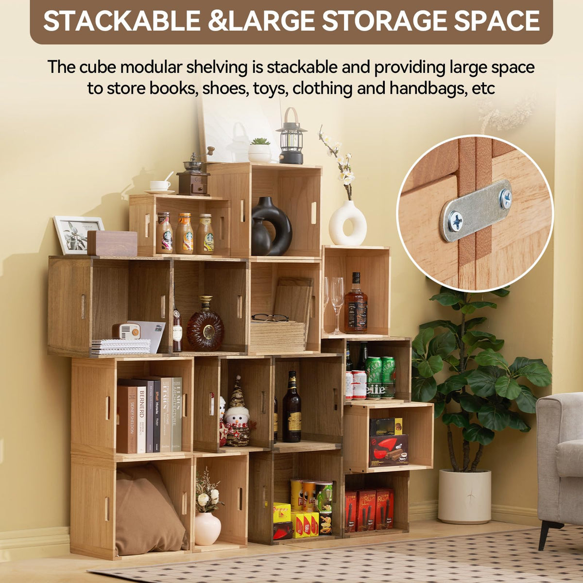 Brown Stackable Wood Storage Cube with Handles Y446