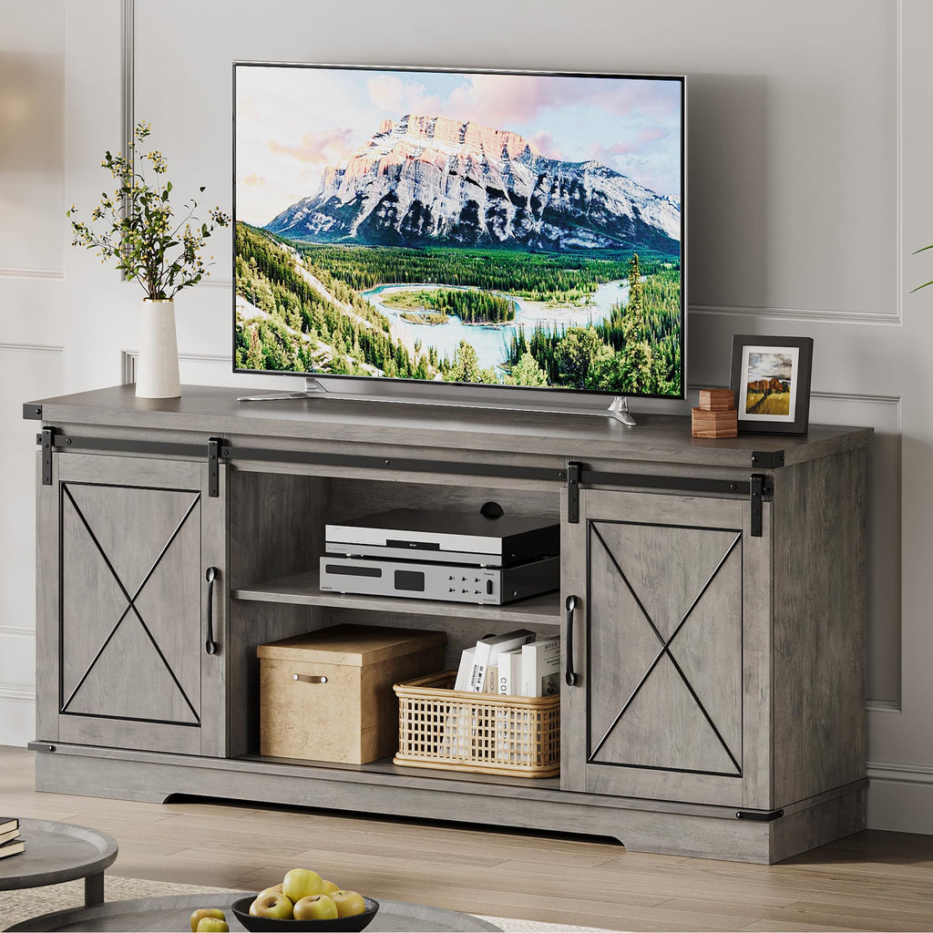 59" Farmhouse TV Stand with Sliding Barn Doors & Adjustable Shelves, Gray J330