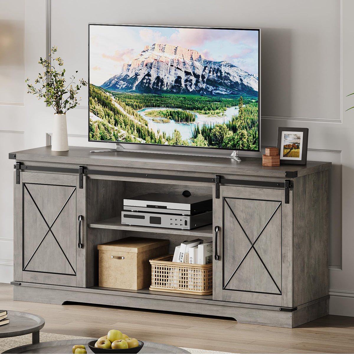 59" Farmhouse TV Stand with Sliding Barn Doors & Adjustable Shelves, Gray J330