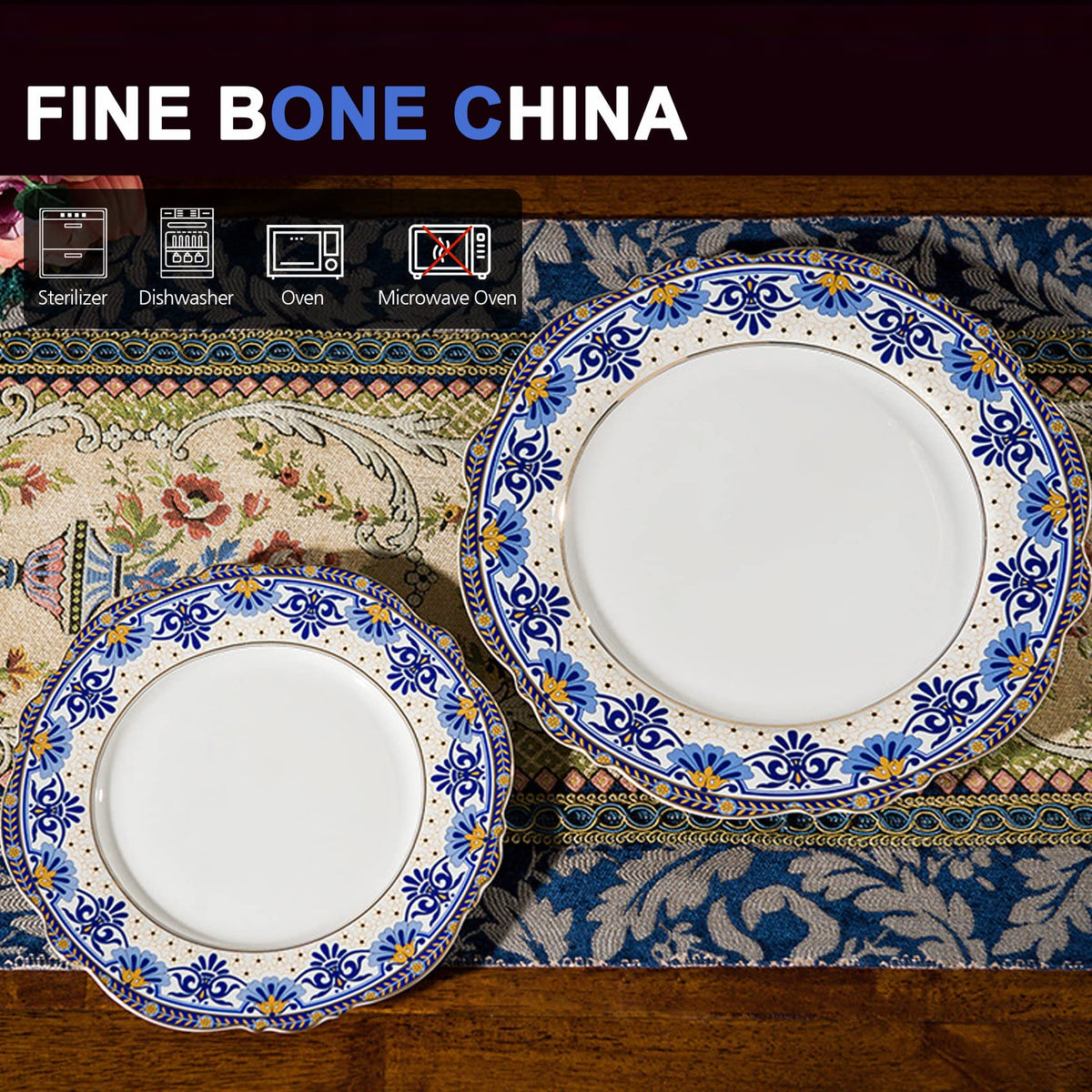Tea Coffee Cup and Saucer Set, Bone China Dinnerware Set for 4, Blue and White X887