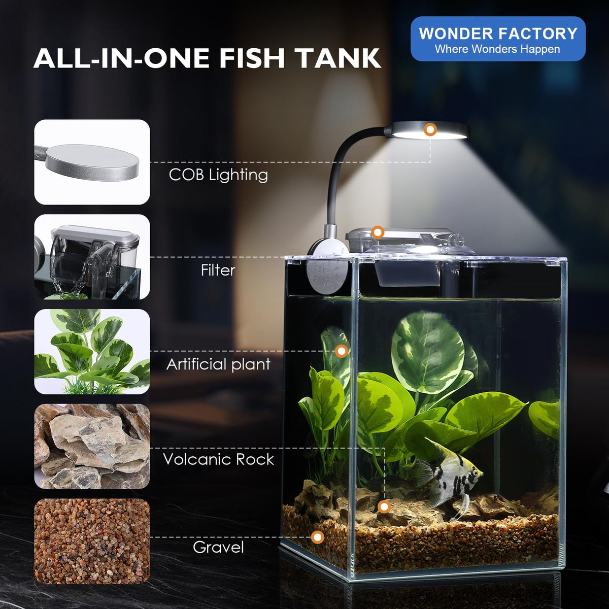 Glass 1.25 Gallon Aquarium Set with Filter LED Light D126
