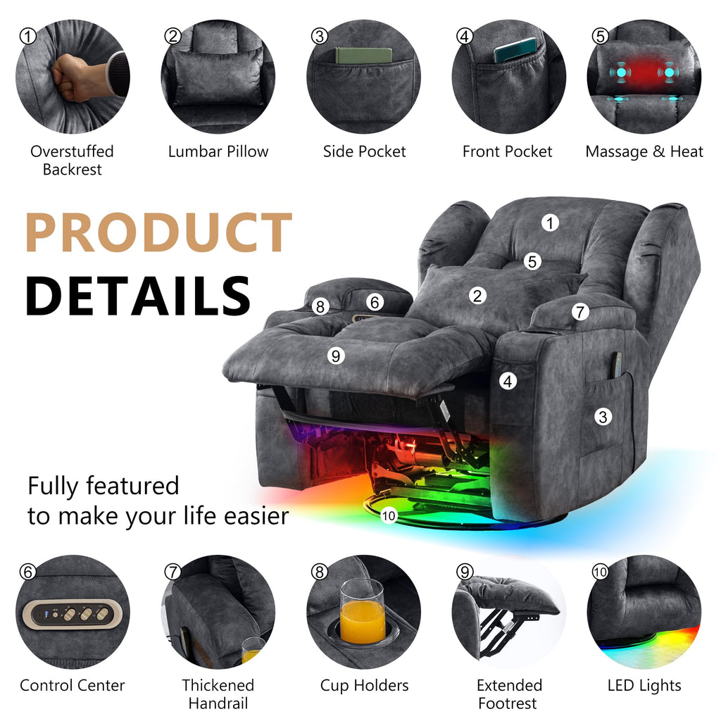 Dual Motor Power Swivel Rocker Recliner Chairs with Massage & Heat T629