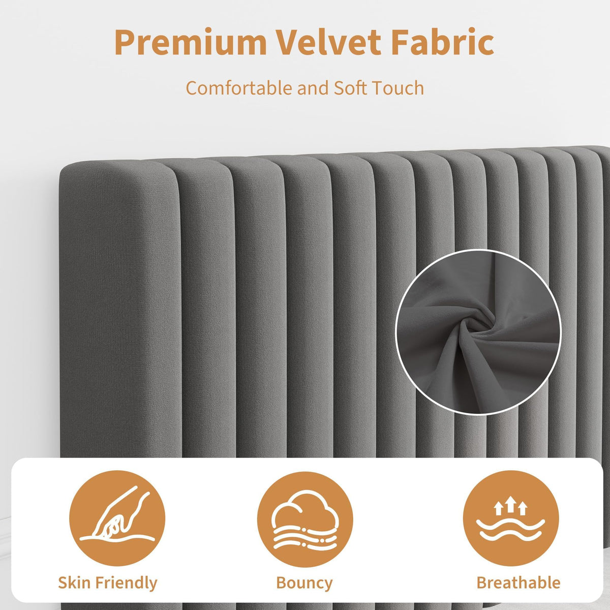 Velvet Upholstered Platform Bed with Adjustable Headboard E305078