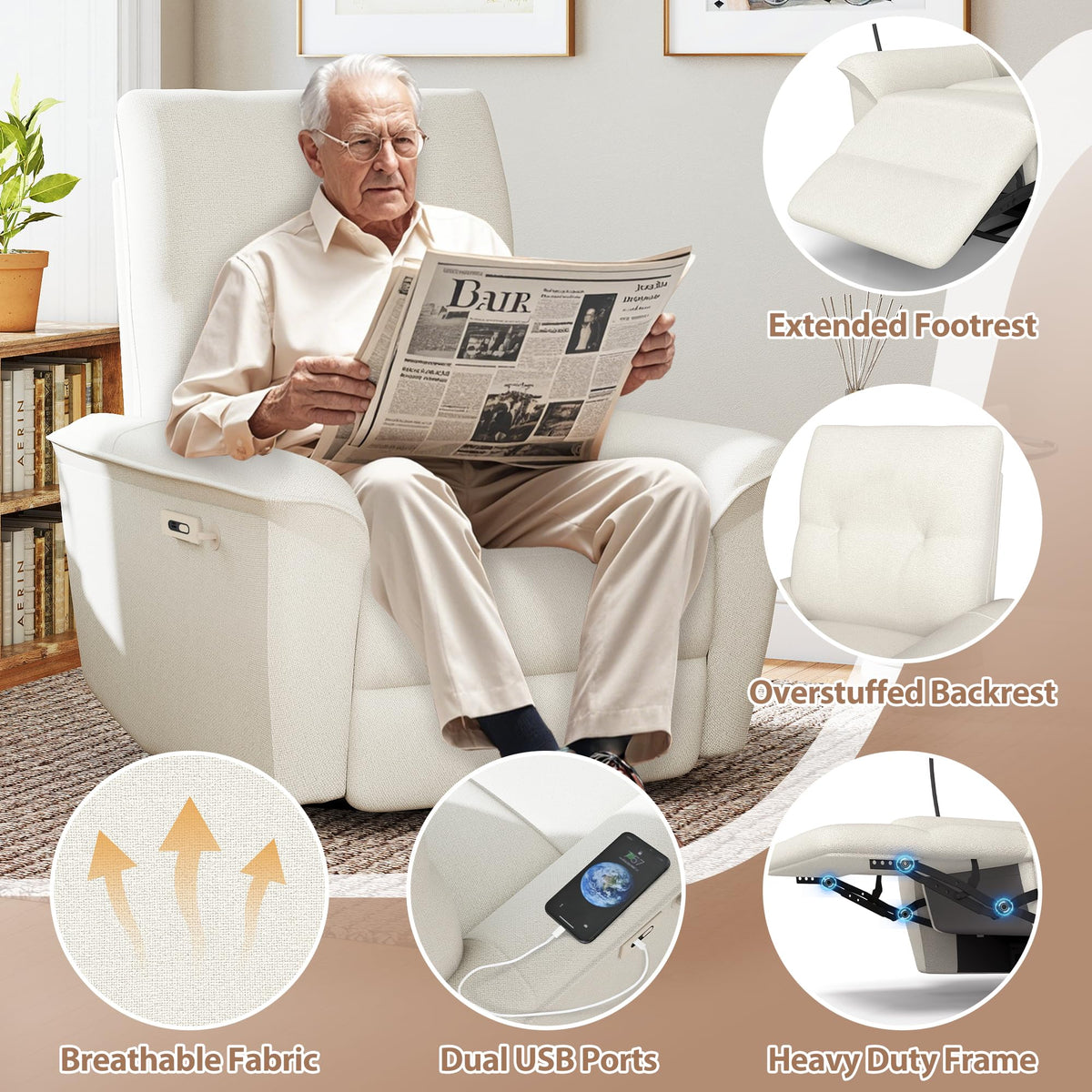 Power Swivel Rocker Recliner Chair with Phone Holder and USB Ports X846