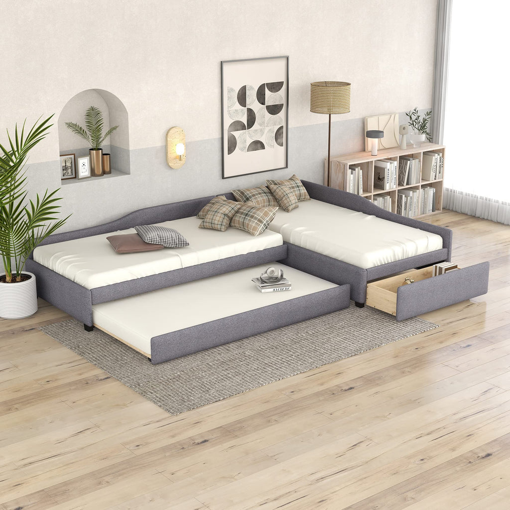 Gray Linen Upholstered Double Twin Size Daybed with Trundle and Drawer N5114
