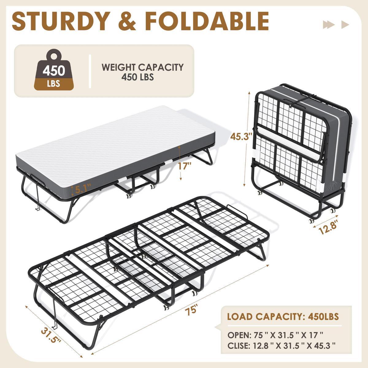 75" x 31" Folding Bed with 5" Memory Foam Mattress K447211