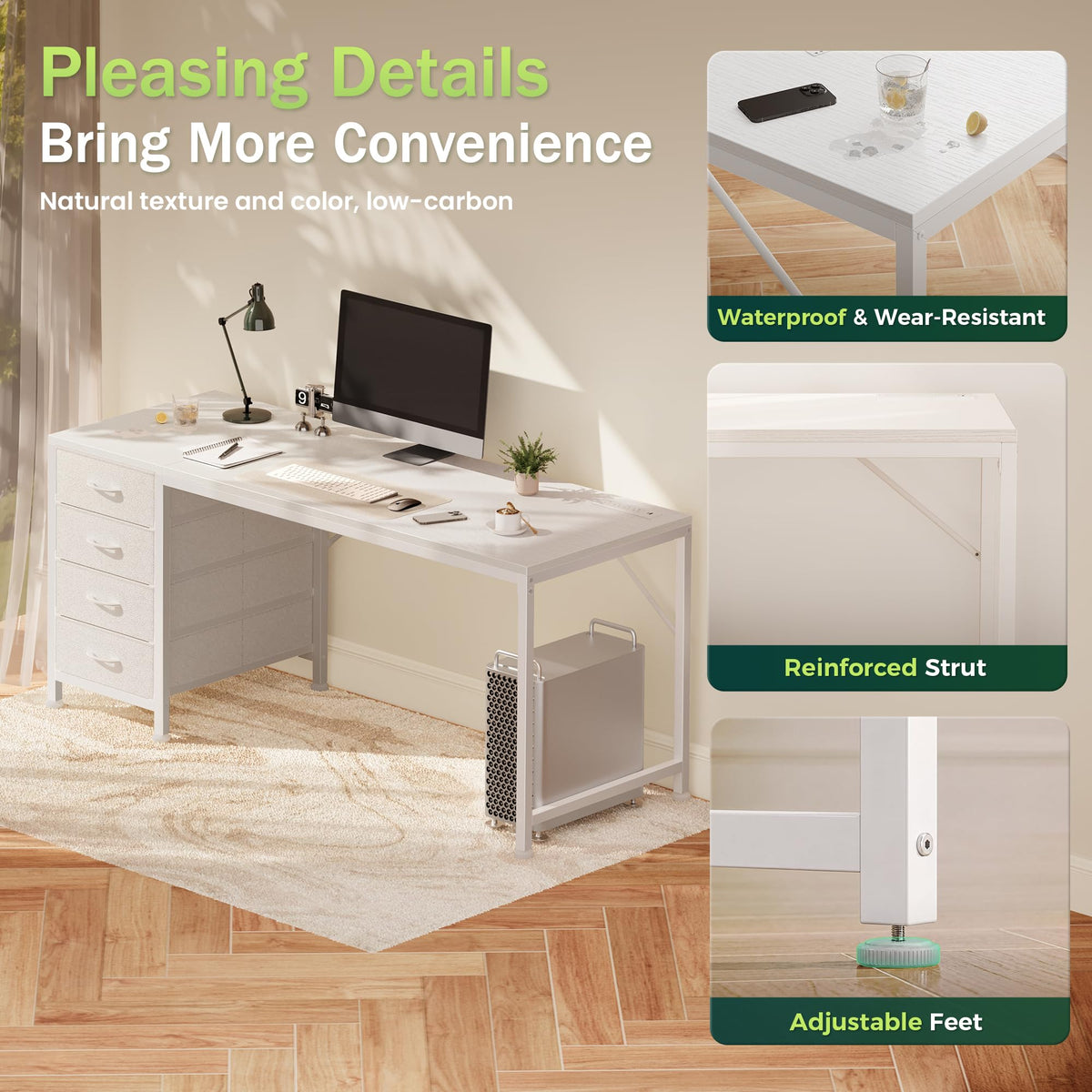 55.1 Inch White Desk with Power Outlets and USB-C Port L9727