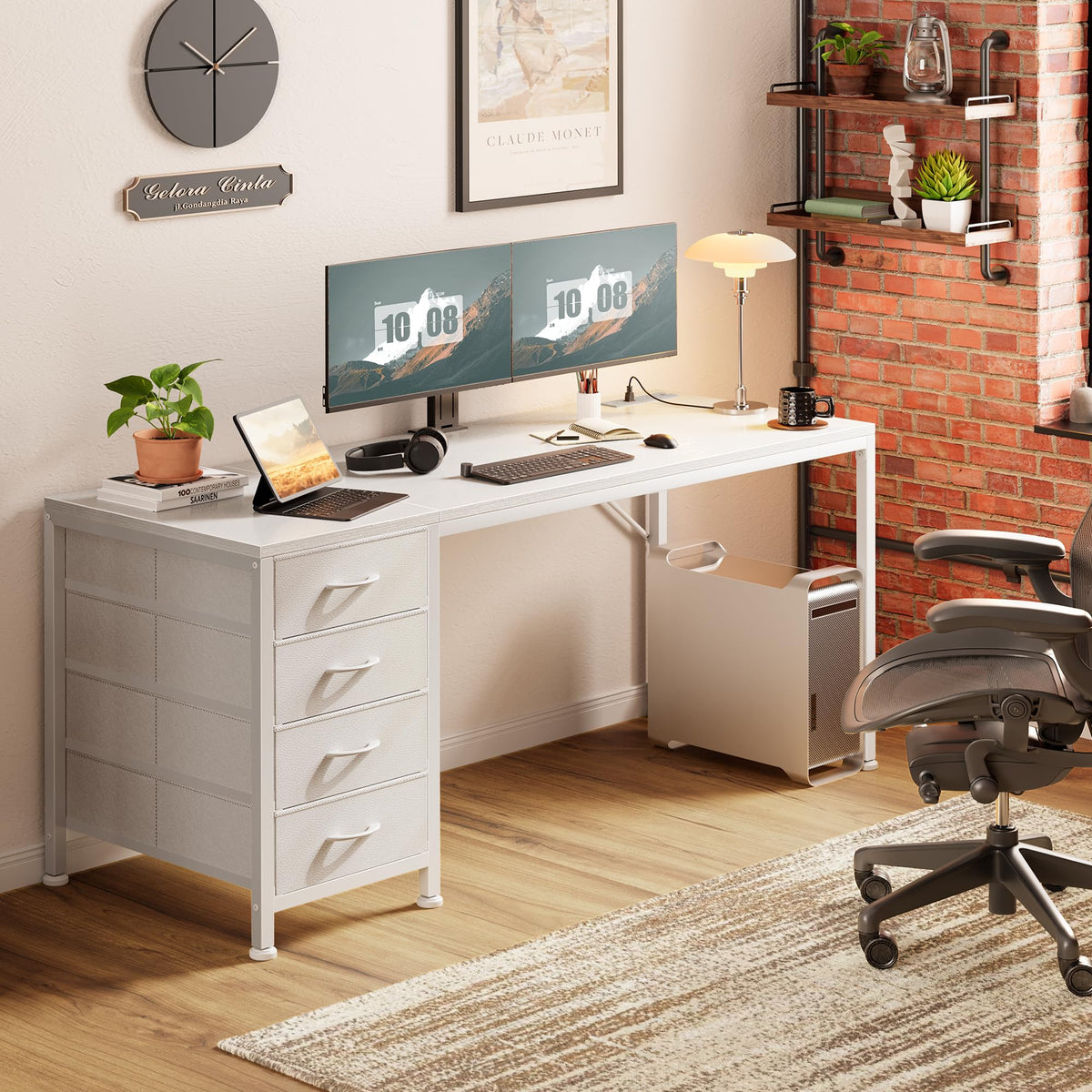 55.1 Inch White Desk with Power Outlets and USB-C Port L9727