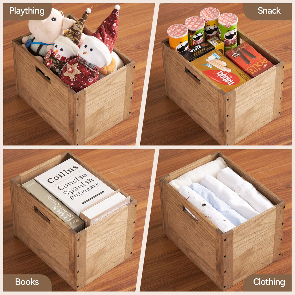Brown Stackable Wood Storage Cube with Handles Y446