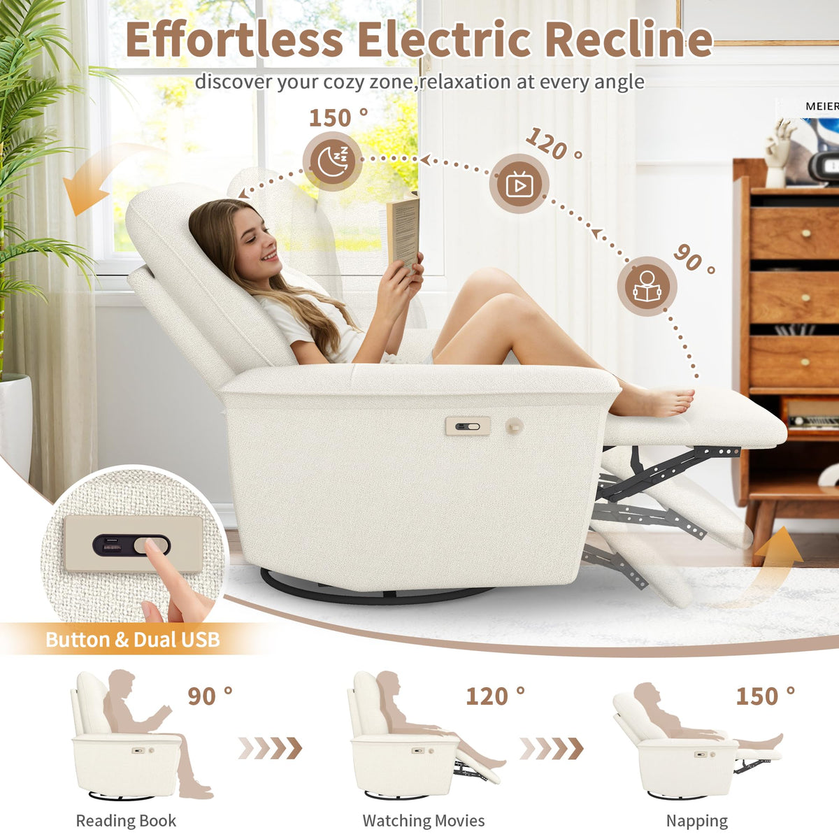 Power Swivel Rocker Recliner Chair with Phone Holder and USB Ports X846