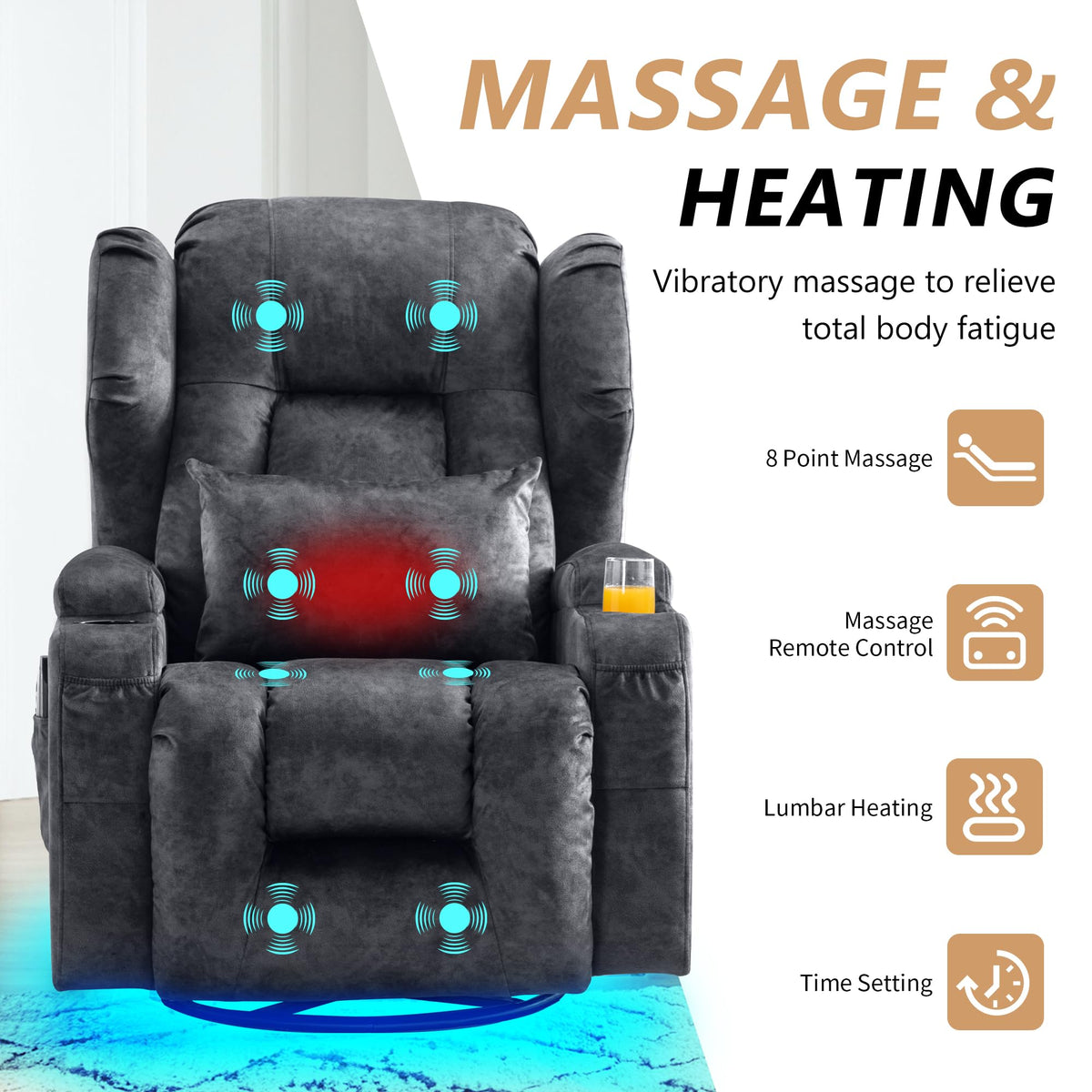 Dual Motor Power Swivel Rocker Recliner Chairs with Massage & Heat T629
