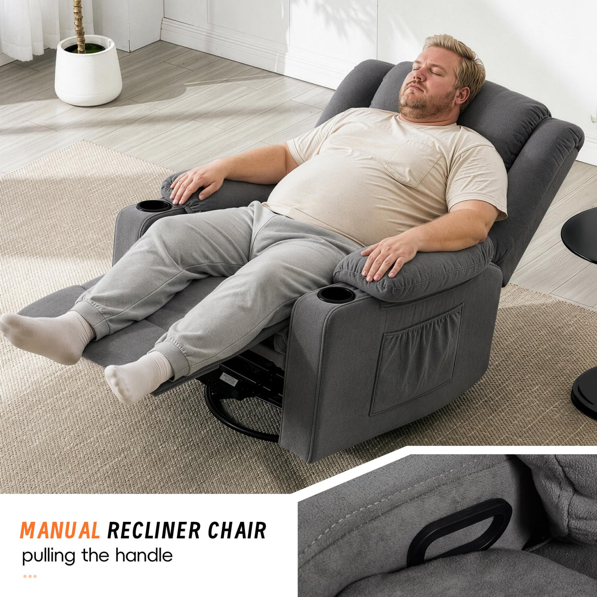 Grey Manual Swivel Rocking Recliner Chair with Massage and Heating K408