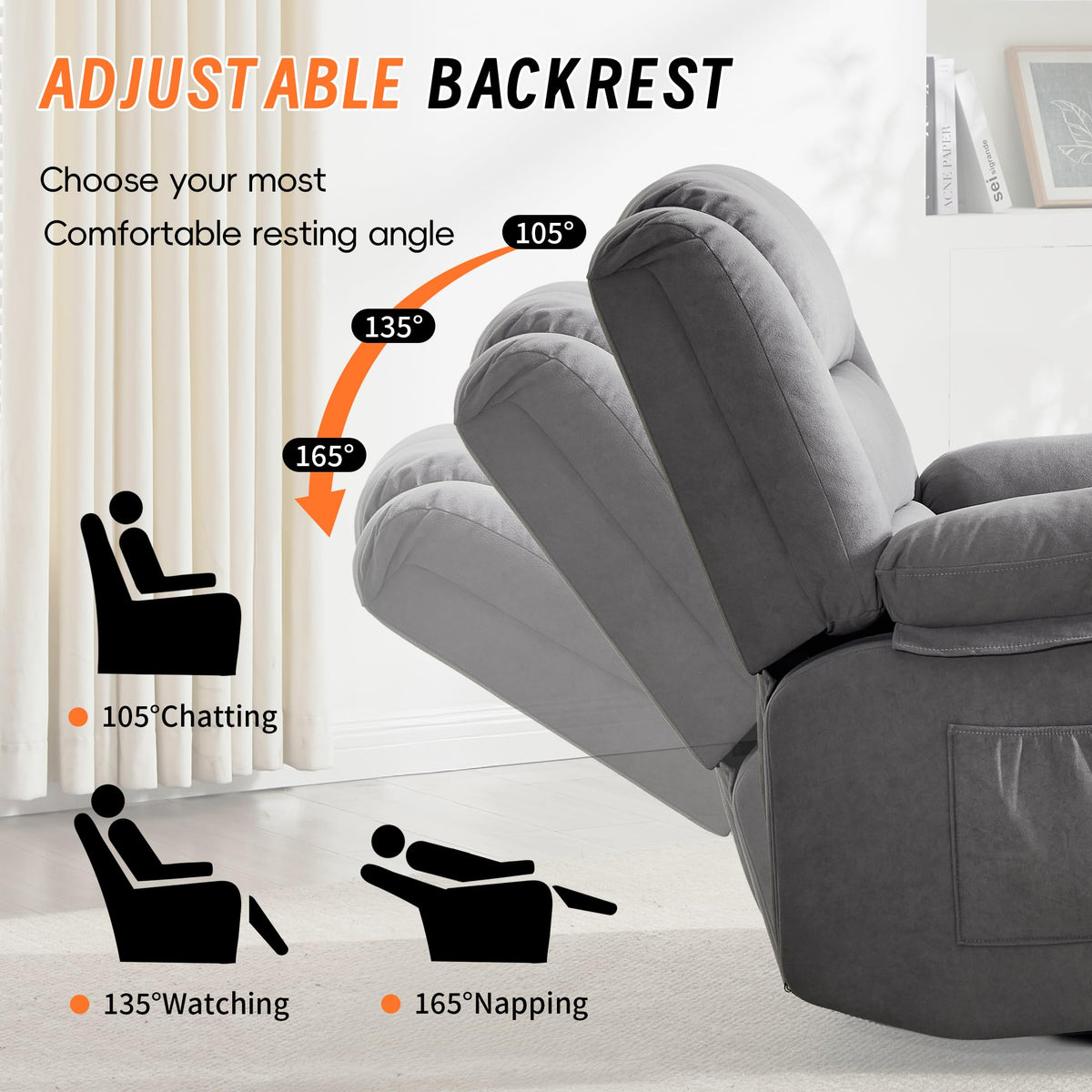 Grey Manual Swivel Rocking Recliner Chair with Massage and Heating K408
