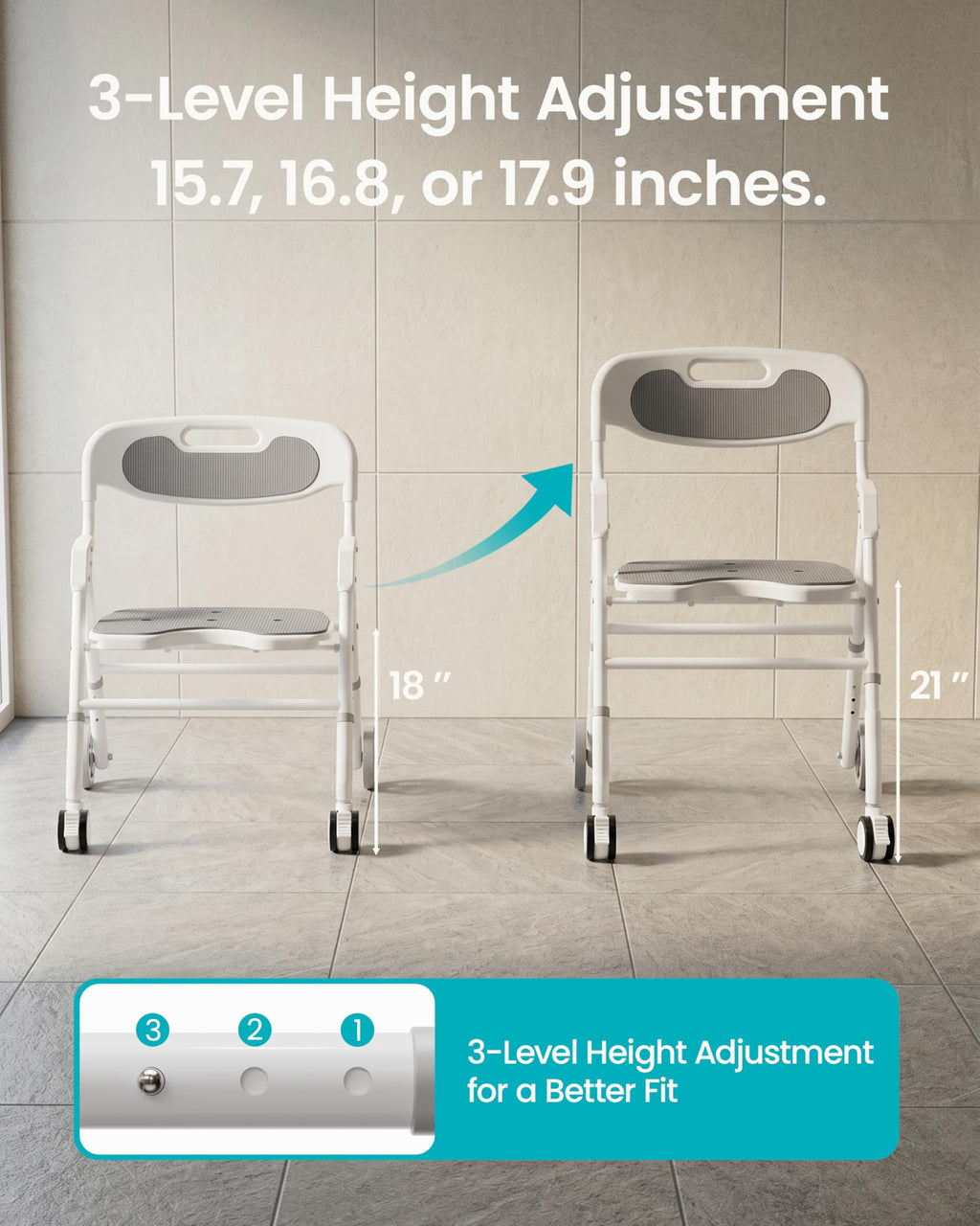 Foldable Rolling Shower Chair with Arms and Back P1037
