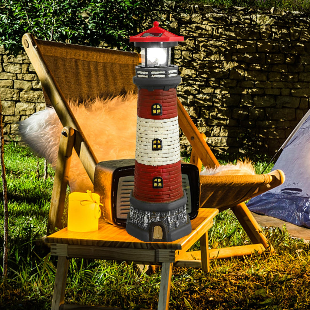 Solar Garden Lighthouse Statue, Waterproof Resin Outdoor Decor Light, 14.76 Inch Red Finish R837776