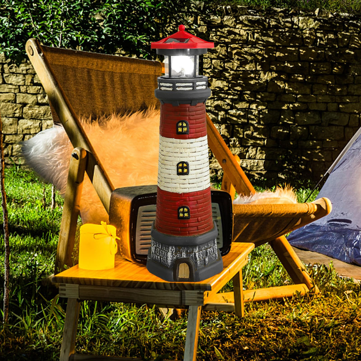 Solar Garden Lighthouse Statue, Waterproof Resin Outdoor Decor Light, 14.76 Inch Red Finish R837776